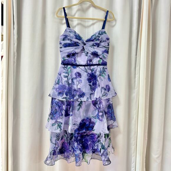 Marchesa Notte Floral Tiered Twist Front Tea Length Dress Organza Lilac US 4 - Picture 4 of 7
